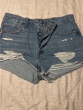 Levi's Distressed High-Rise Denim Shorts - Blue